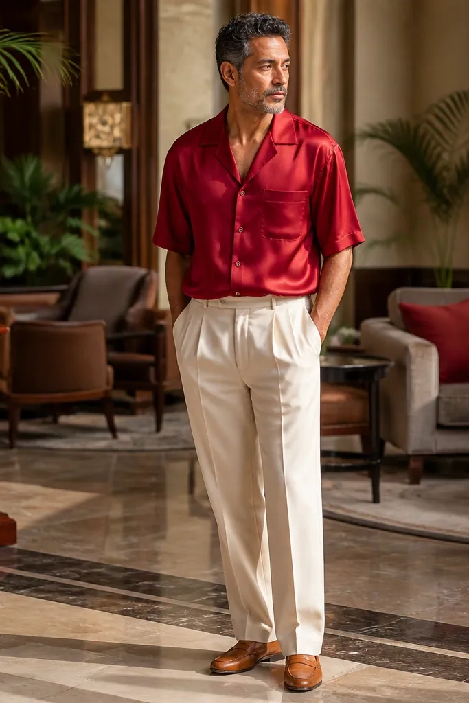 Scarlet camp shirt with ecru pleated trousers and tan loafers