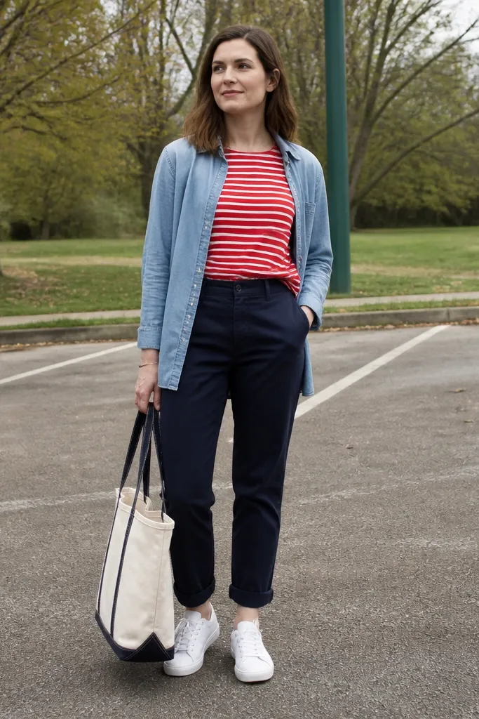 Red striped shirt with navy chinos, white sneakers, and a light blue overshirt
