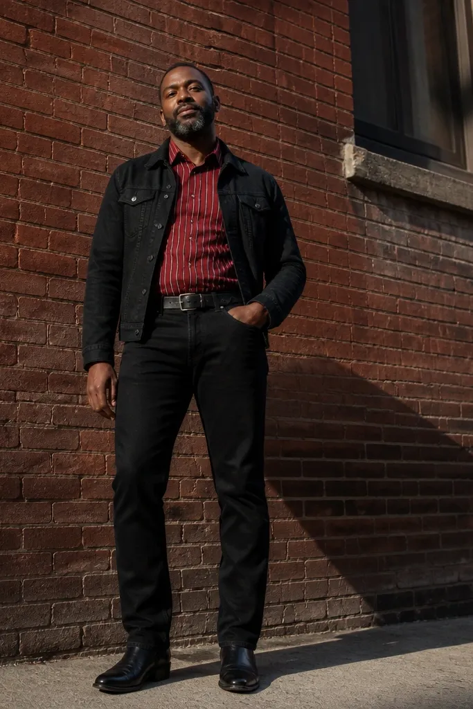 Red striped shirt tucked into black jeans with a black denim jacket and black boots