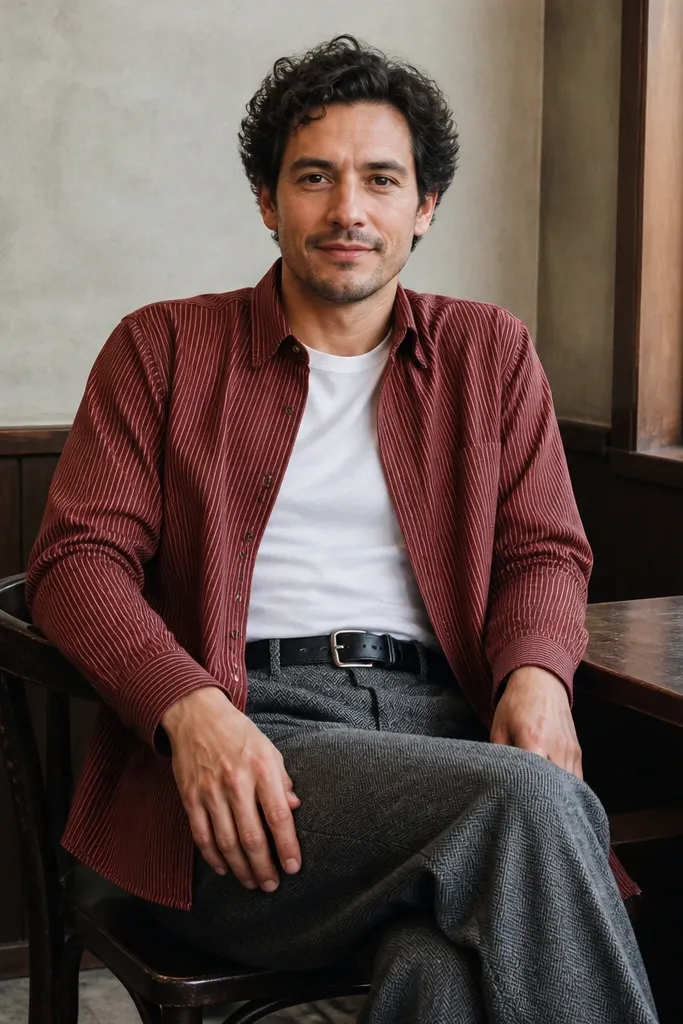 Red striped shirt worn open over a white tee with gray wool trousers and dark shoes