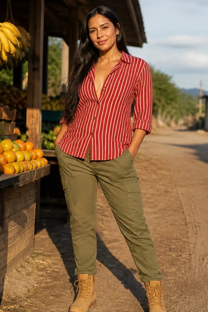 Red striped shirt half-buttoned with olive utility pants and tan boots