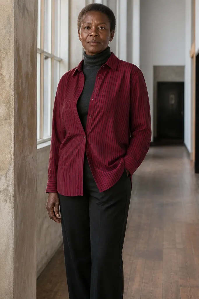 Charcoal turtleneck under a red striped shirt with dark trousers and black sneakers