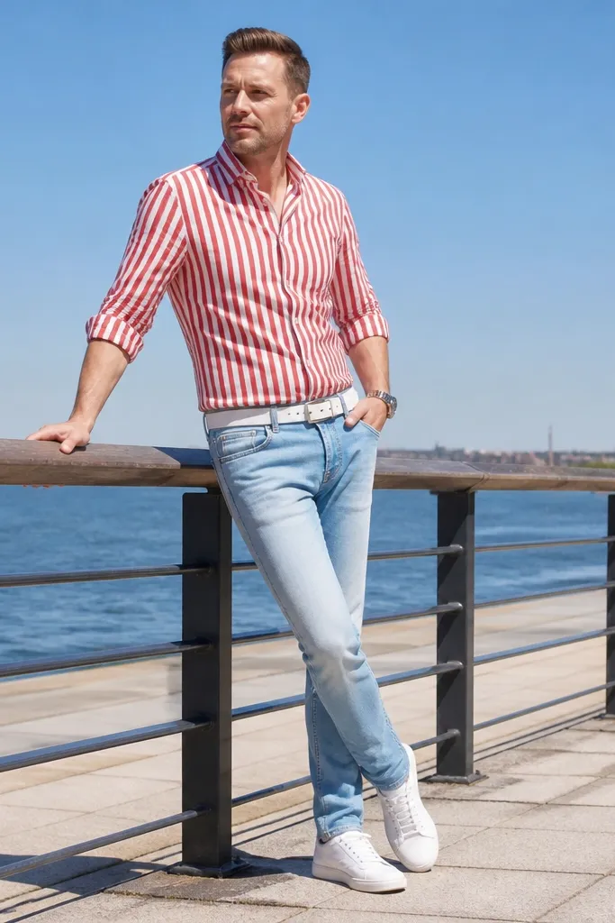 Red striped shirt with light blue denim jacket, light blue jeans, and a white belt