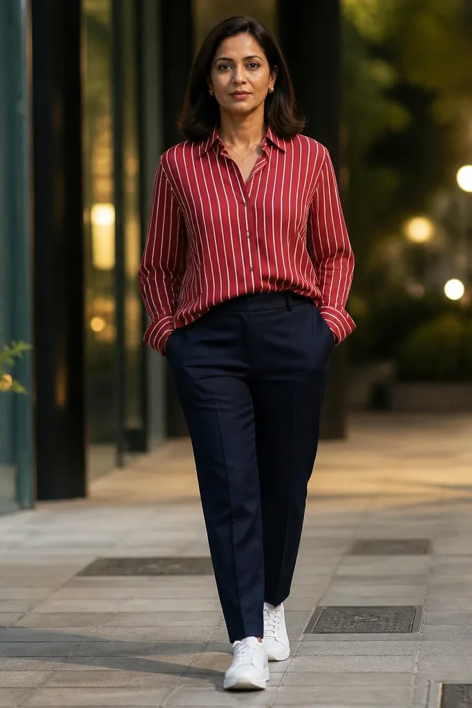 Red striped shirt half-tucked into navy suit pants with white sneakers