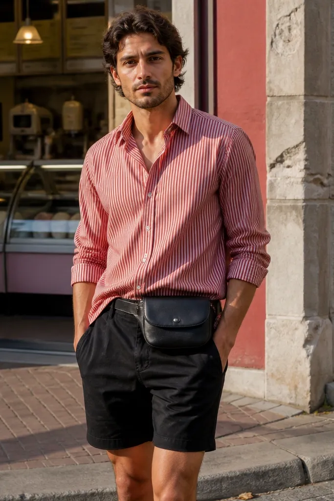 Red striped shirt with black shorts and a black leather belt bag