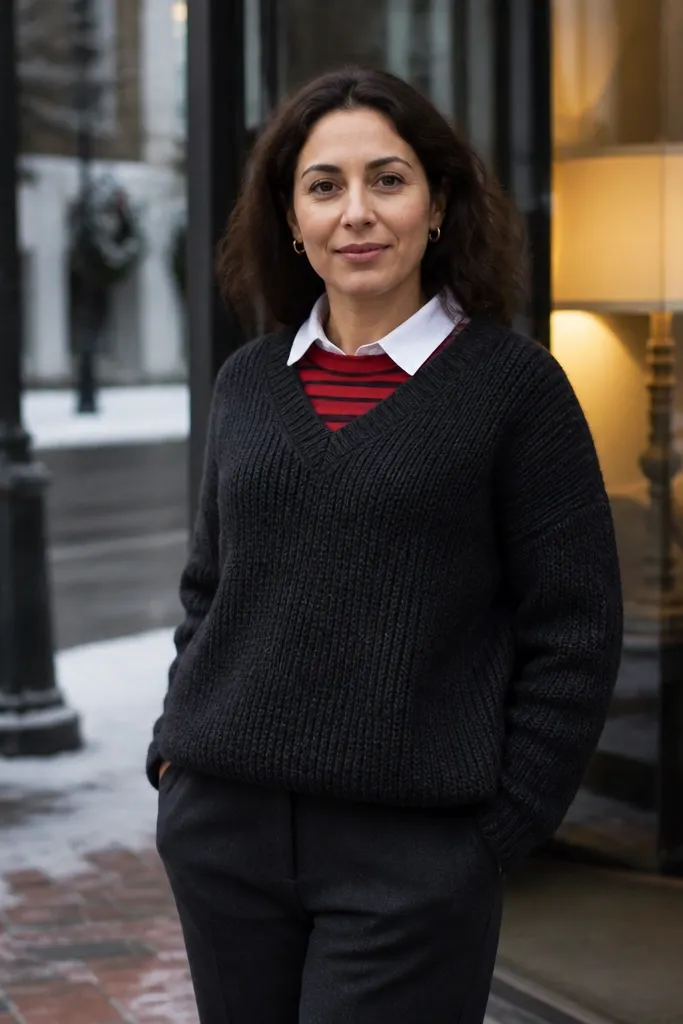 Red striped shirt under a dark knit sweater with white collar peeking out