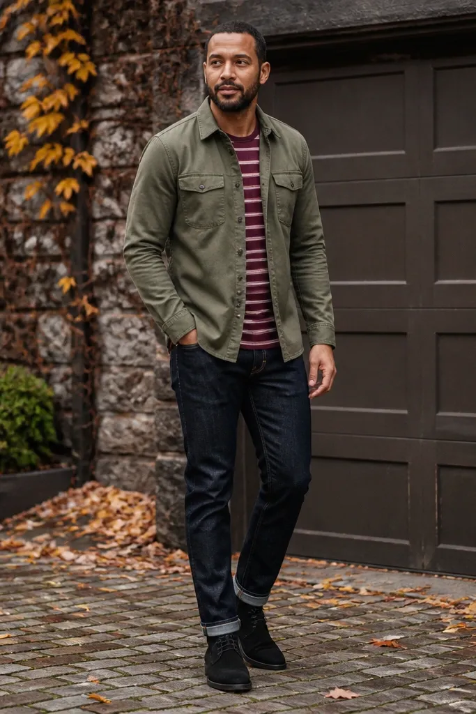 Burgundy-red striped shirt with olive overshirt and black chukka boots