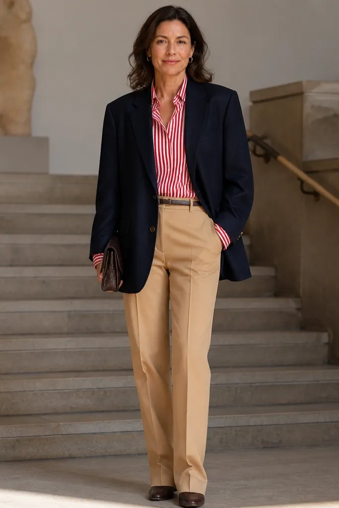 Red striped shirt under a navy blazer with tan trousers and brown leather shoes