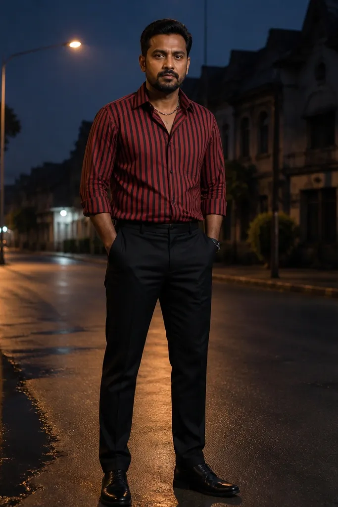 Red striped shirt with black tapered pants and a silver chain necklace