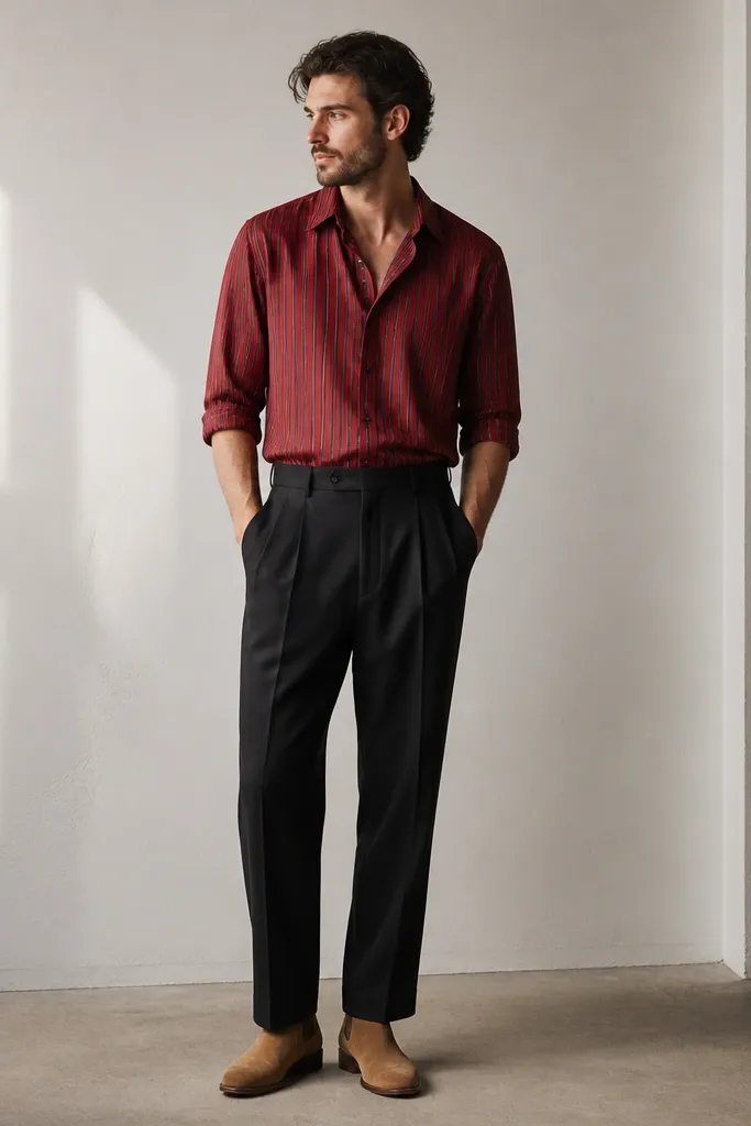 Red striped shirt with black pleated pants and tan suede Chelsea boots.