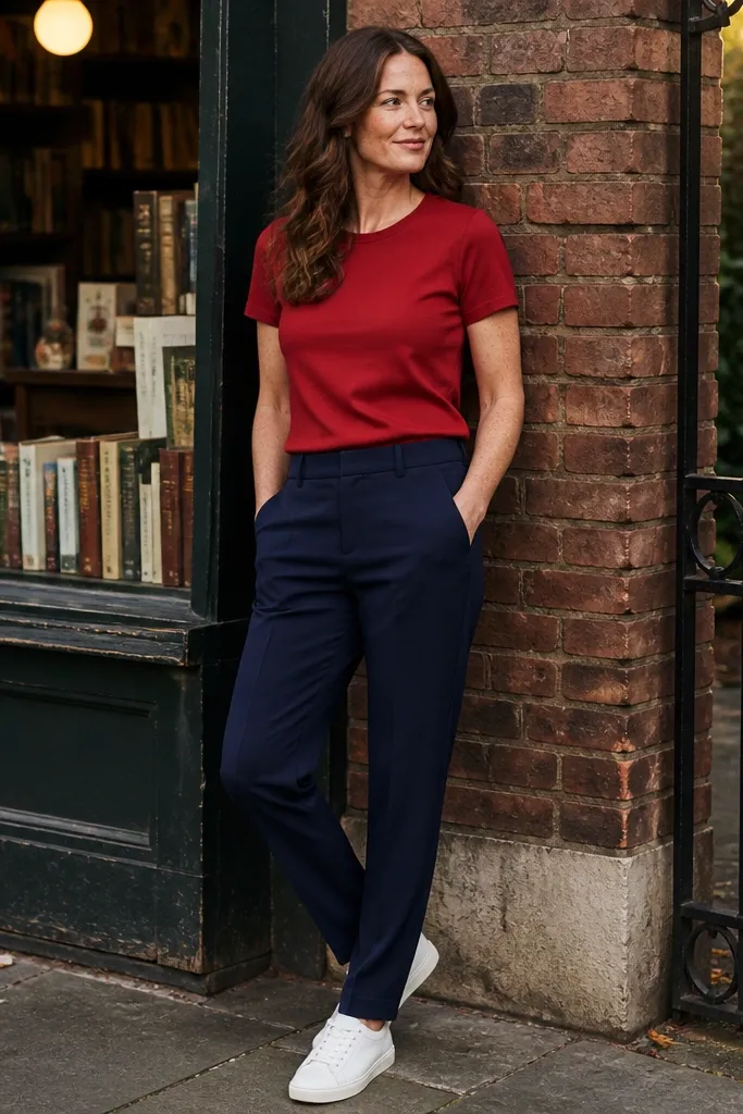 Red T shirt with navy chinos and white sneakers