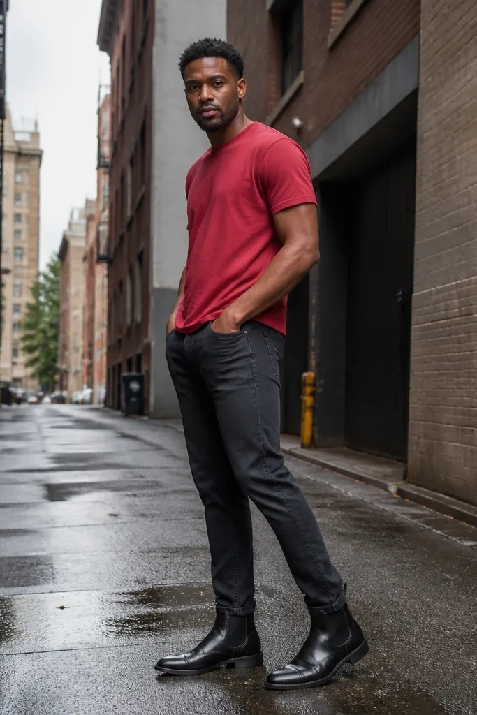 Red T shirt with charcoal jeans and black Chelsea boots