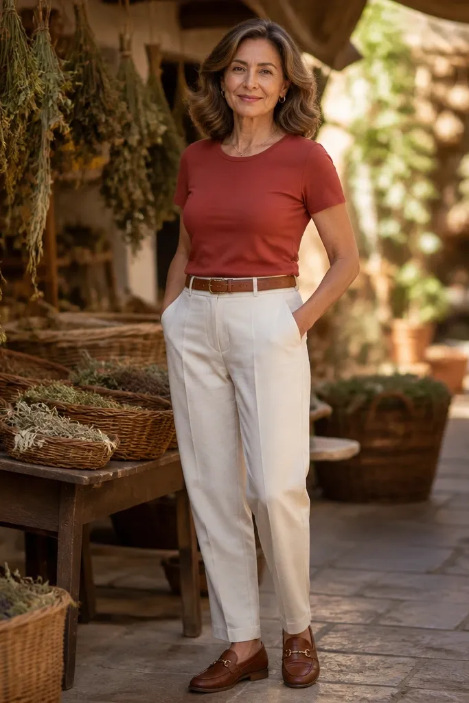 Red T shirt with cream chinos, brown belt, and loafers