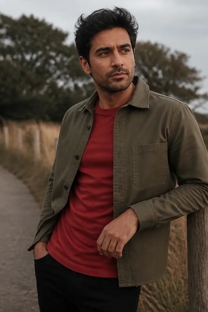Red T shirt under an olive overshirt with black jeans