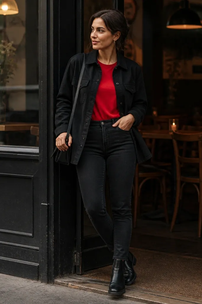 Red T shirt under a black overshirt with slim black jeans
