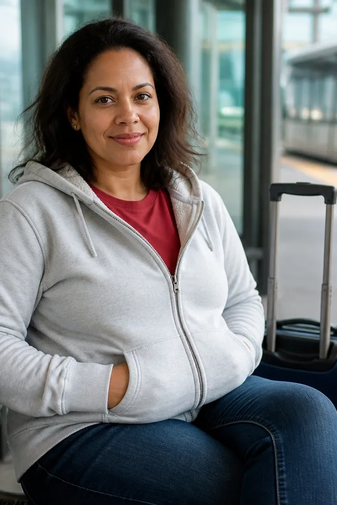 Red T shirt peeking under a light gray hoodie with dark denim