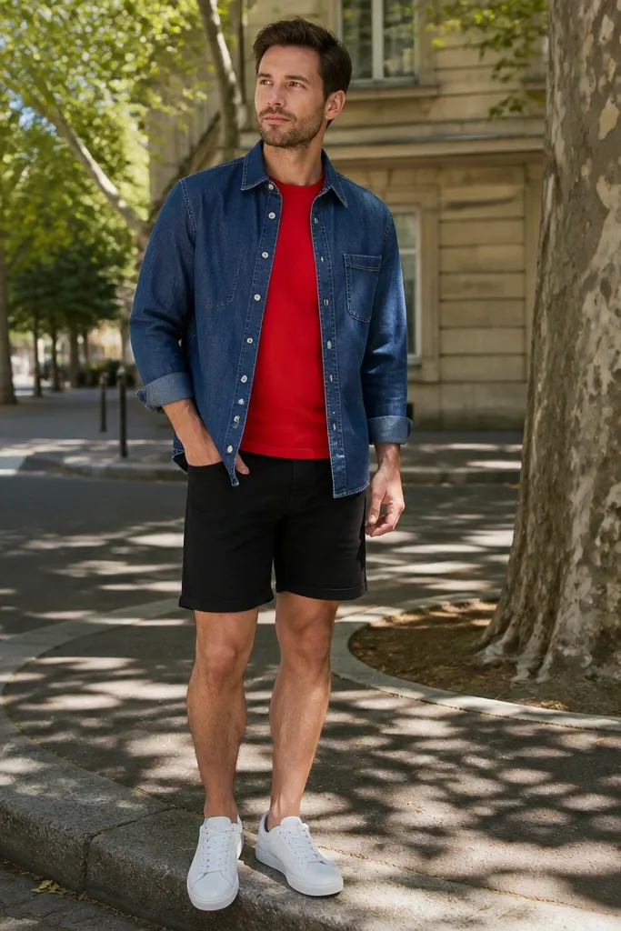 Red T shirt with a denim shirt layered over and black shorts