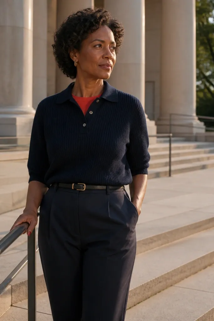 Red T shirt layered under a navy knit polo with dark pants