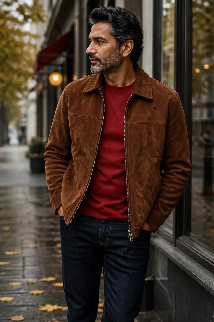 Red T shirt with a brown suede jacket and dark wash jeans