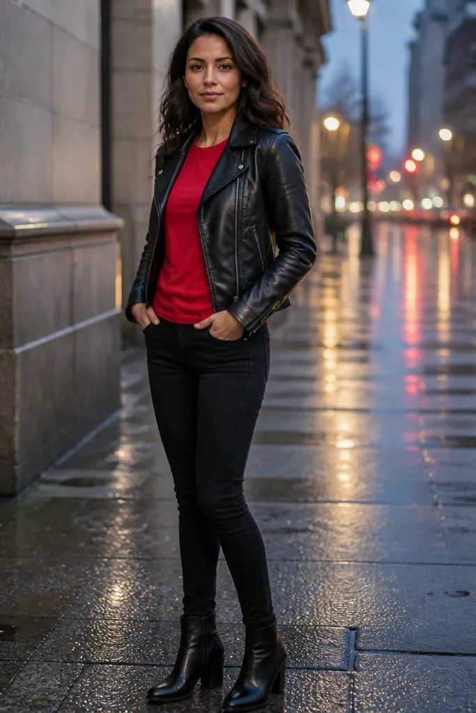 Red T shirt with a black leather jacket and skinny black jeans