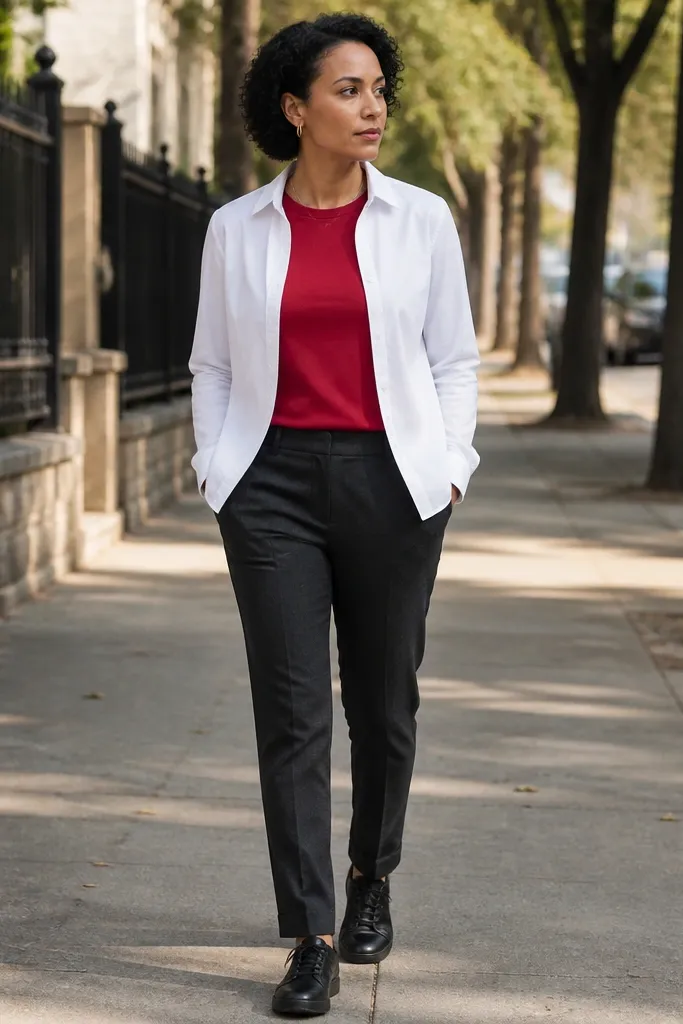 Red T shirt with an open white button-down and dark chinos