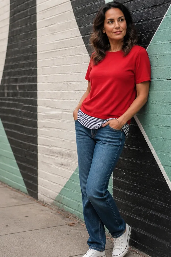 Red T shirt with a striped overshirt tail peeking and straight jeans