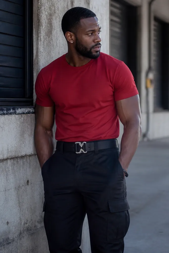 Red T shirt with black cargo pants and a tactical-style belt