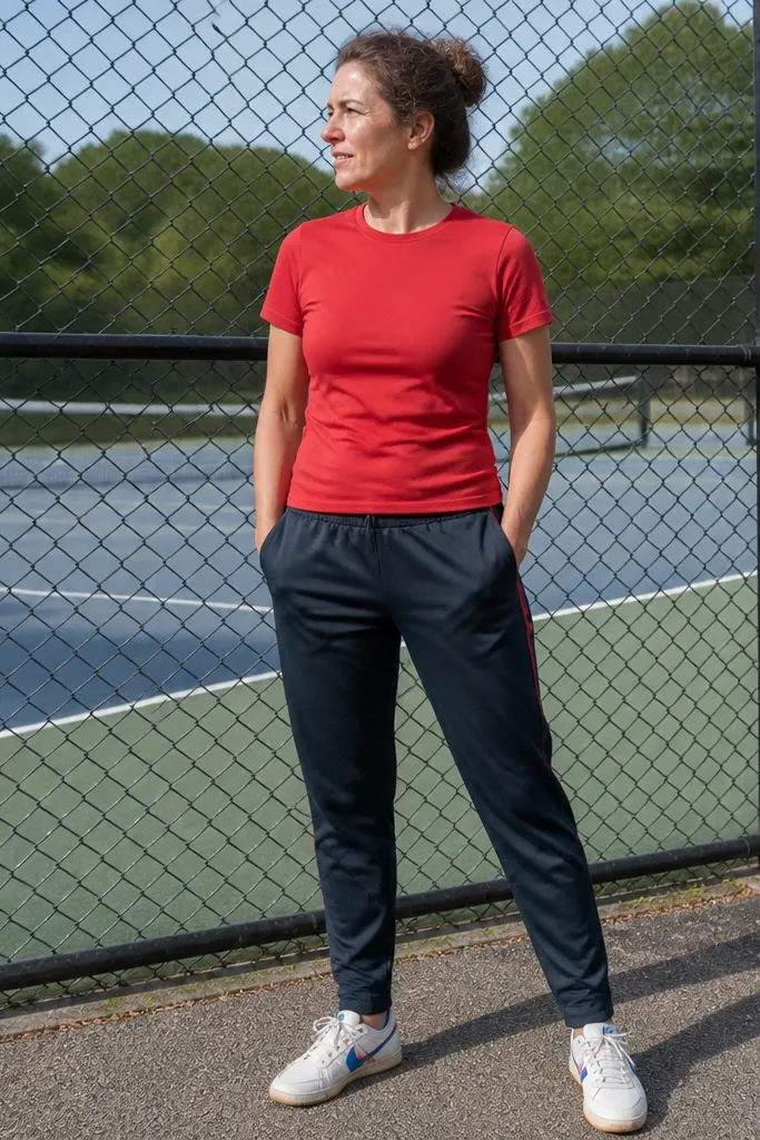 Red T shirt with navy track pants and retro-style sneakers