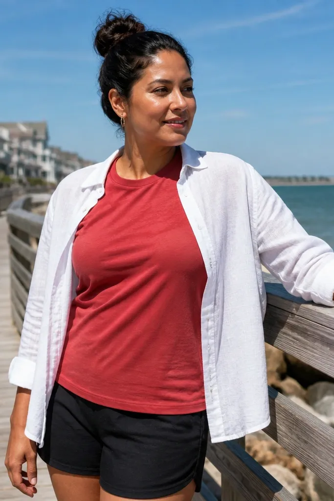 Red T shirt with black shorts and an open white overshirt