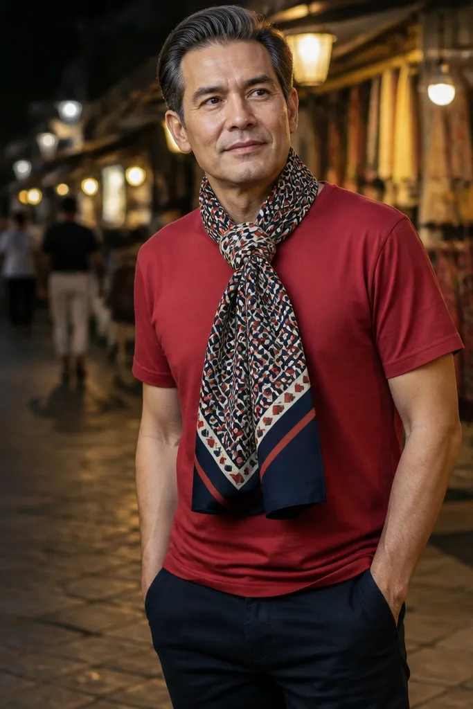 Red T shirt with a patterned scarf and dark pants