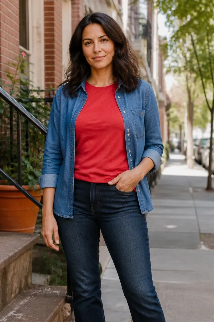 Red T shirt under a blue chambray shirt with dark-rinse jeans
