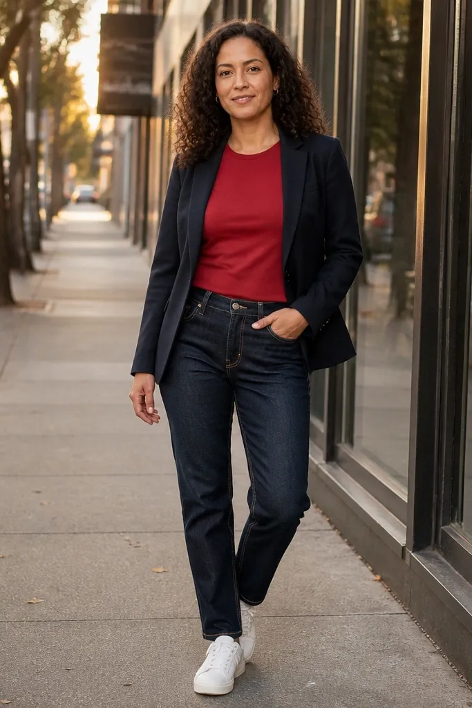 Red T shirt with a navy blazer and white sneakers