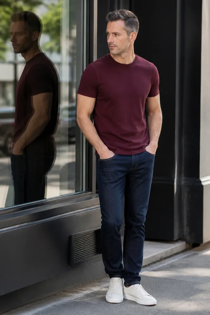 Deep red T shirt with indigo jeans and white low-top sneakers