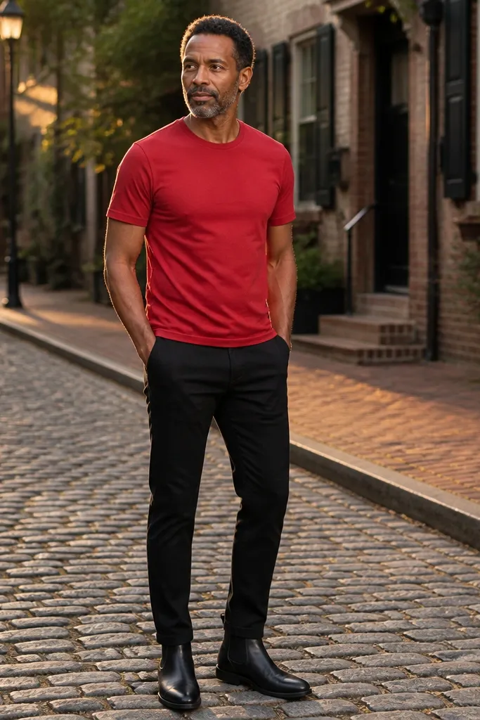 Red T shirt with black chinos and black Chelsea boots