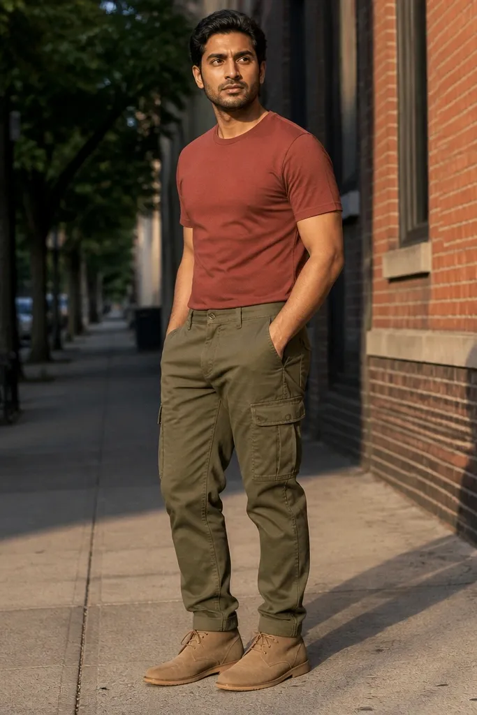 Brick red T shirt with olive cargo pants and tan suede desert boots