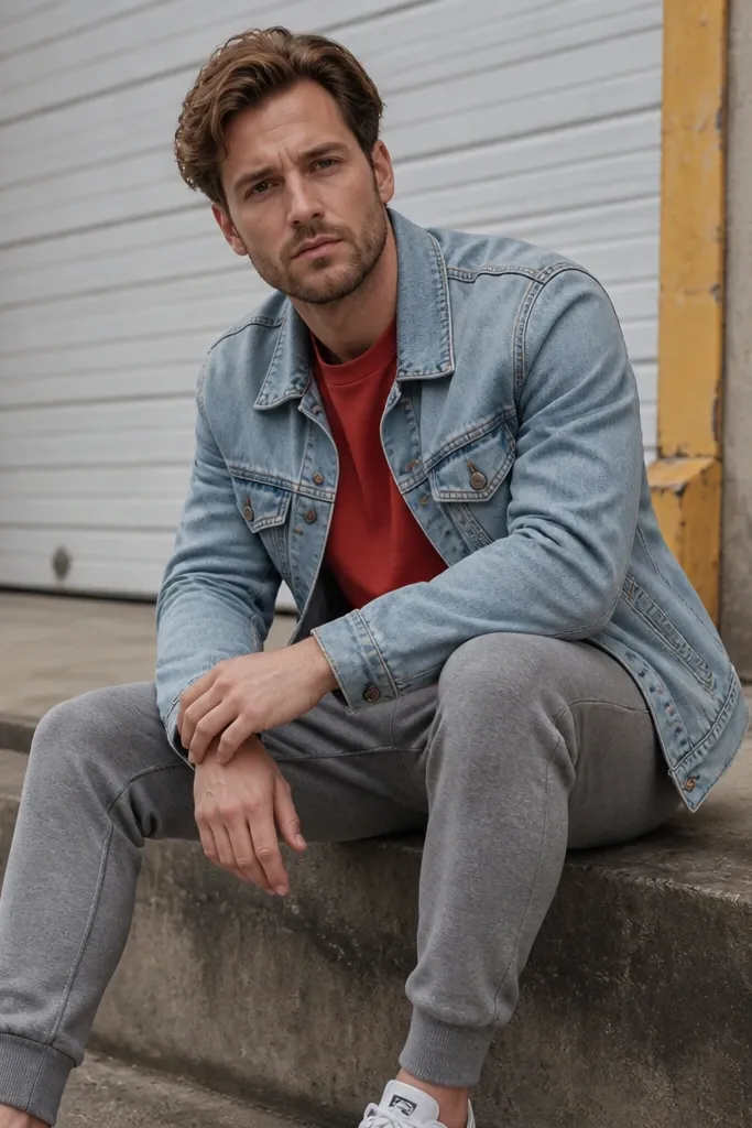 Red T shirt under a light wash denim jacket with grey joggers