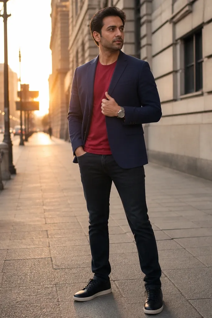 Red T shirt with a navy blazer and dark jeans