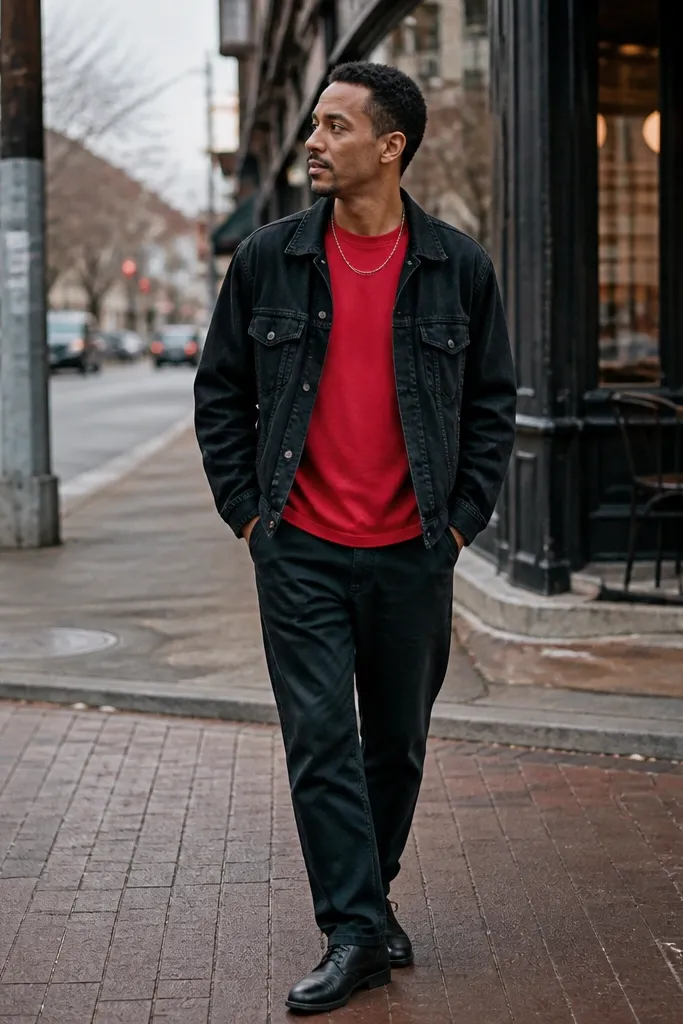 Red T shirt with a black denim jacket and silver chain