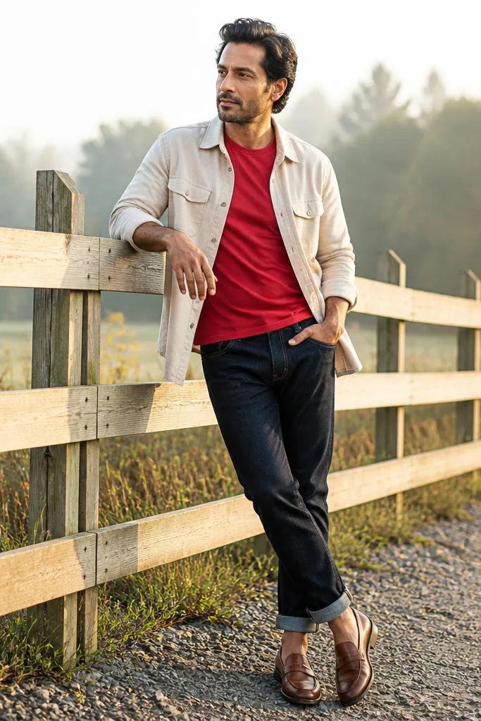 Red T shirt under a cream overshirt with brown loafers