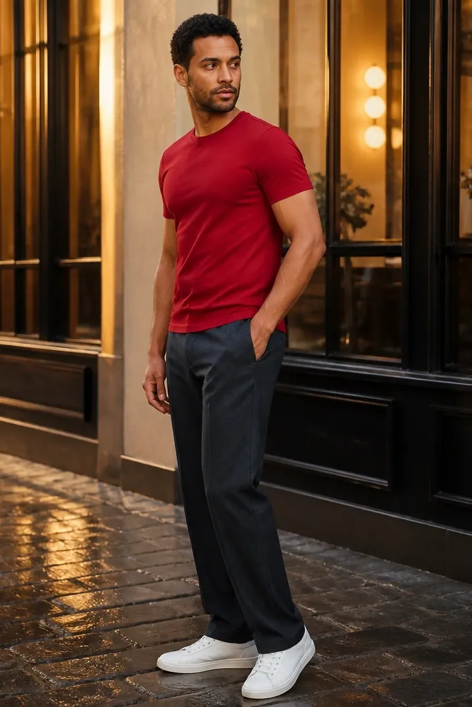 Red T shirt with charcoal wool trousers and white sneakers
