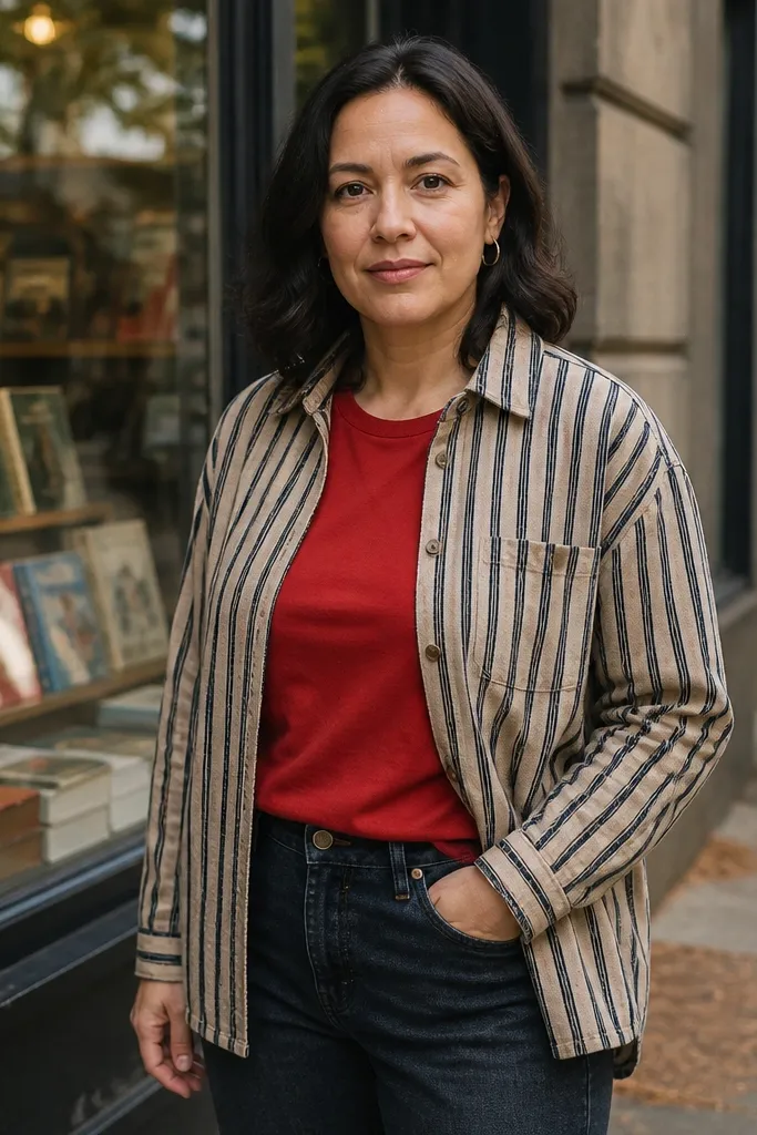 Red T shirt with a striped overshirt and dark jeans
