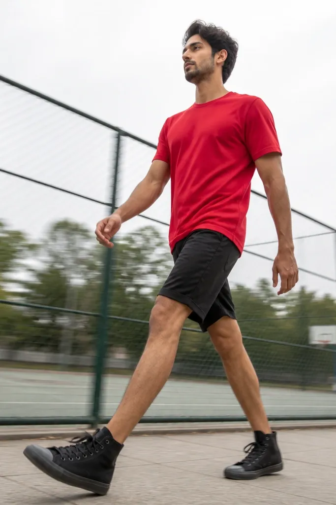 Red T shirt with black shorts and high-top sneakers