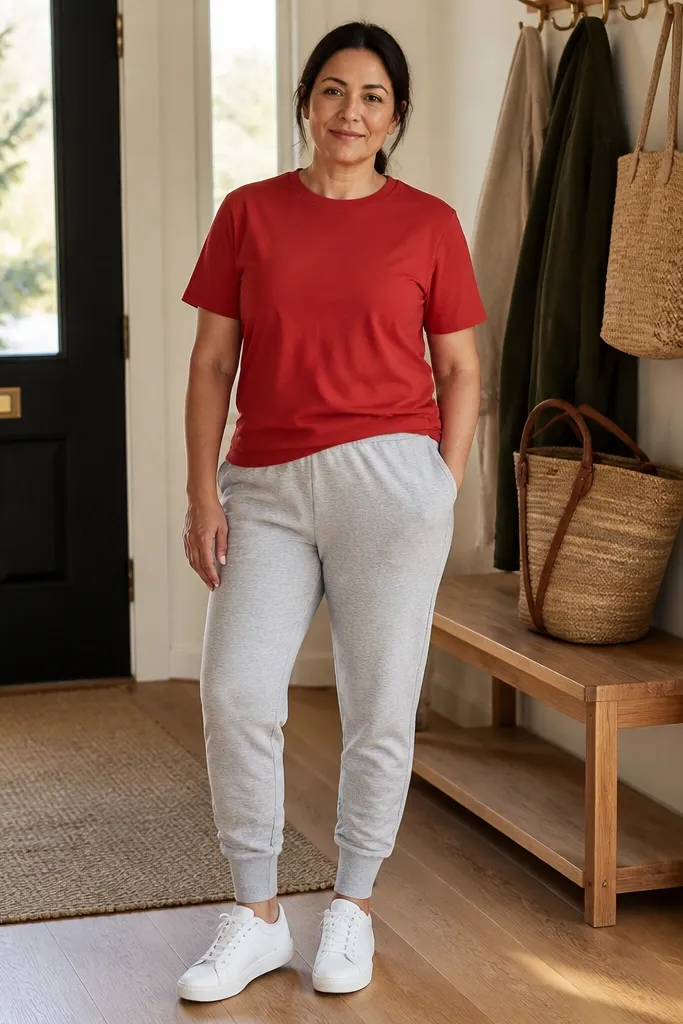Red T shirt with light grey sweatpants and white trainers