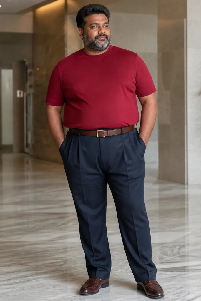 Red T shirt with navy pleated trousers and brown belt