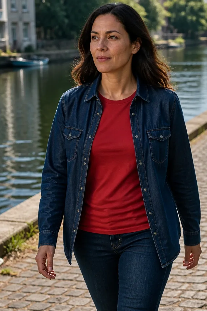 Red T shirt with a navy denim shirt layered over dark wash jeans