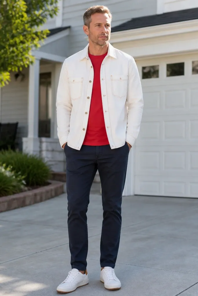 Red T shirt with a white overshirt and navy chinos