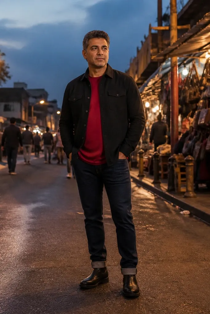 Red T shirt under a black overshirt with round-toe boots