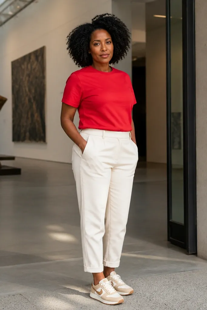 Red T shirt with cream tapered pants and leather sneakers