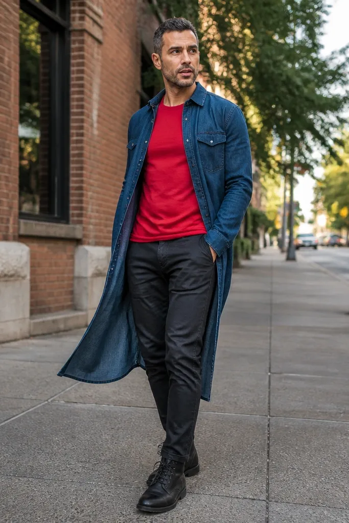 Red T shirt with a layered denim overskirt look using a long overshirt