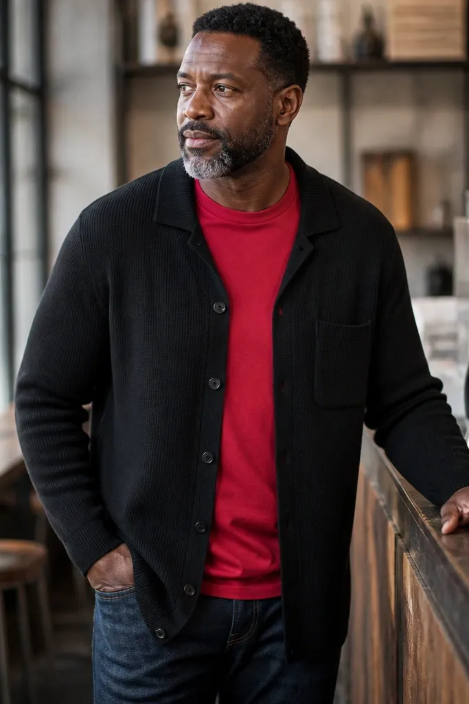 Red T shirt layered under a black knit polo with straight jeans